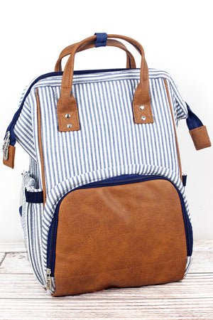 Navy Striped Seersucker Diaper Bag Backpack