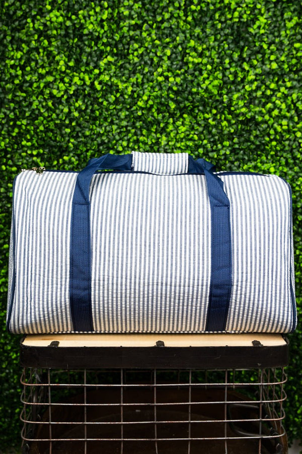 Navy Striped Seersucker Quilted Duffle Bag 18"" Wholesale Accessory
