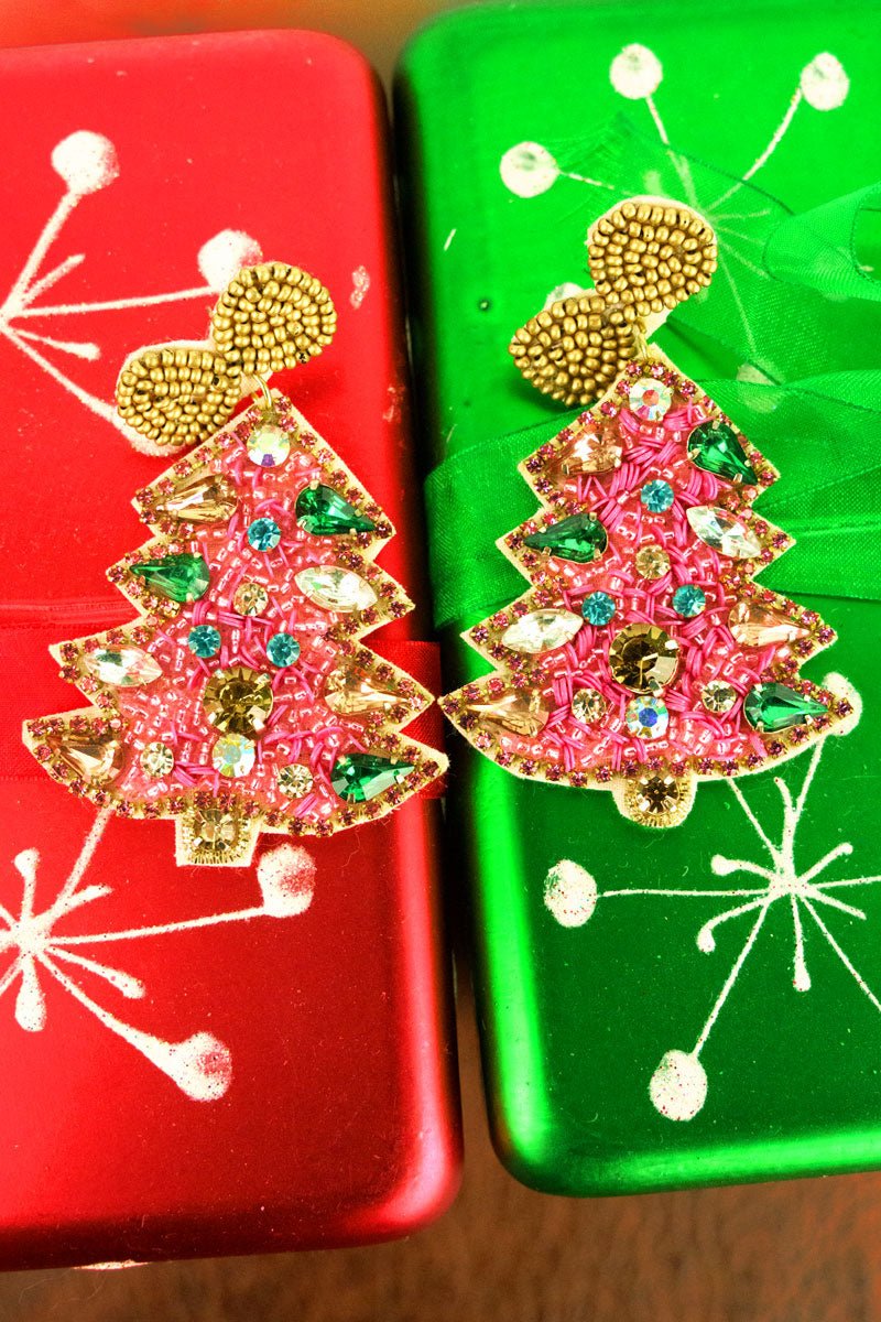 Pink Bejeweled Christmas Tree Seed Bead Earrings Wholesale Accessory