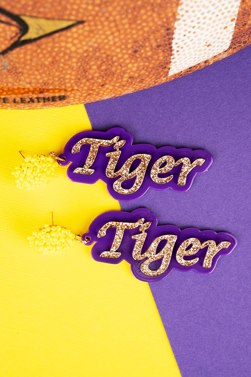 Yellow and Purple 'Tiger' Seed Bead and Acrylic Earrings Wholesale