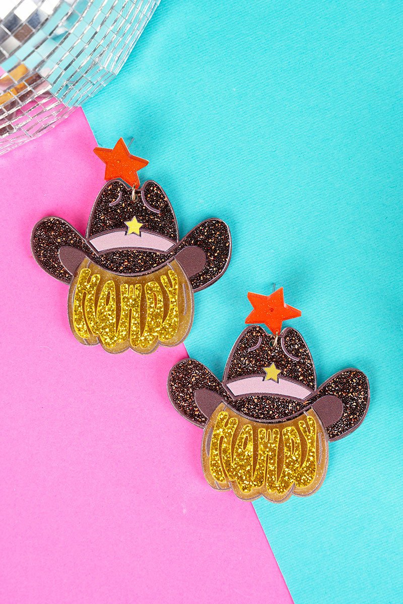 Brown Hat Howdy Pumpkin Acrylic Earrings Wholesale Accessory Market