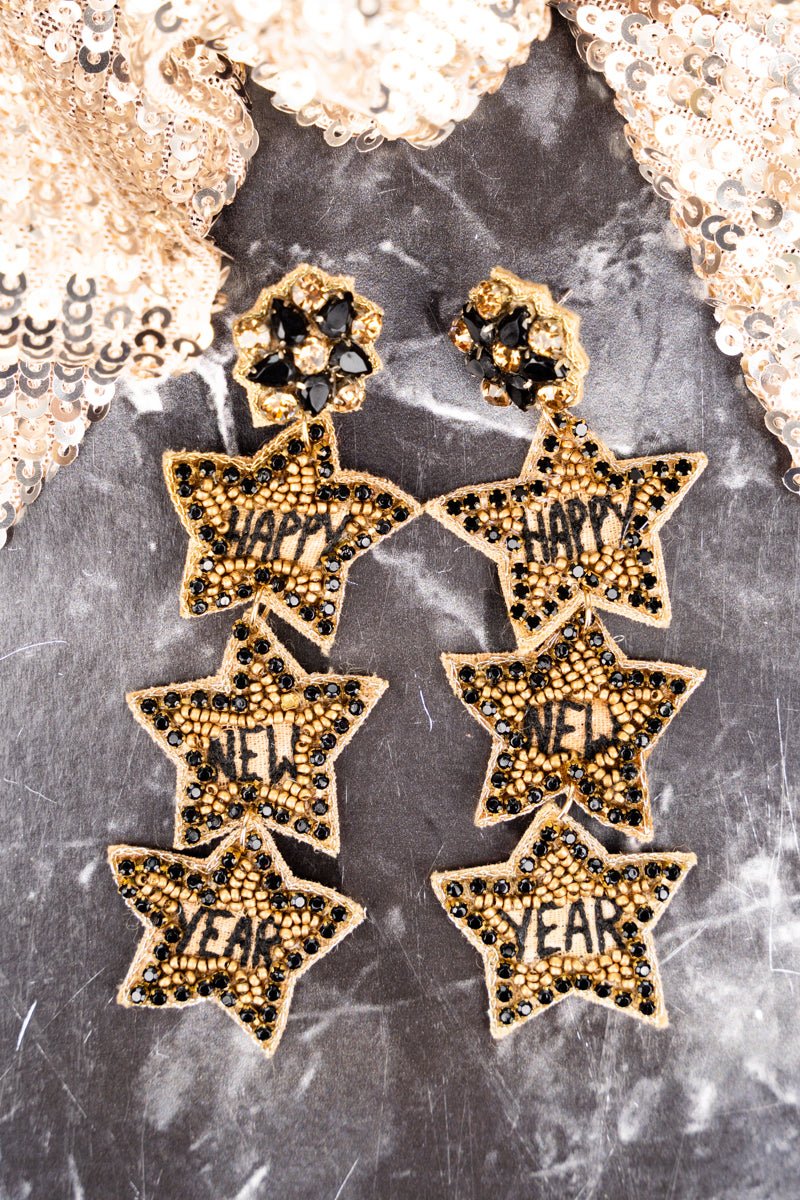 Viola Black and Gold Happy New Year Star Trio Earrings - Wholesale Accessory Market