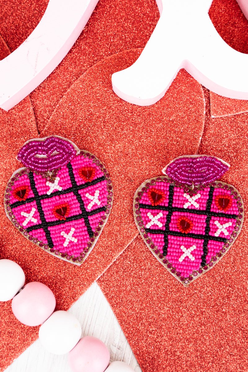 Viola Fuchsia Love Tic-Tac-Toe Heart Seed Bead Earrings - Wholesale Accessory Market
