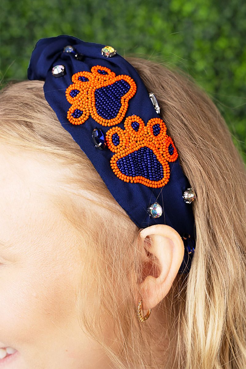 Blue and Orange Gameday Paws Seed Bead Knotted Headband - Wholesale Accessory Market