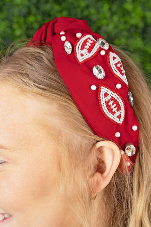 Red and White Football Seed Bead Knotted Headband - Wholesale Accessory Market