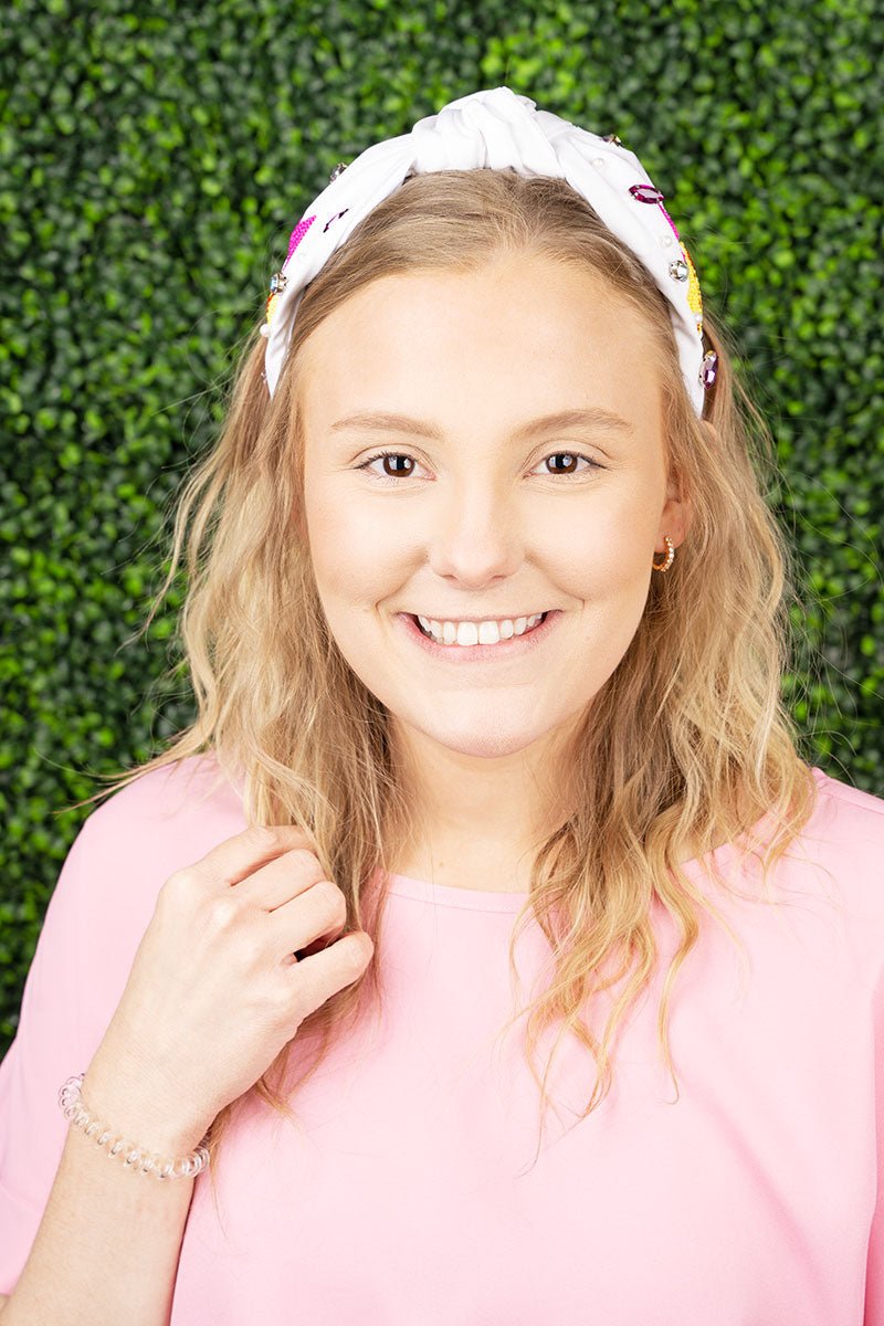 White and Fuchsia 'MoM' Softball Seed Bead Knotted Headband Wholesale