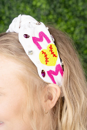 White and Fuchsia 'MoM' Softball Seed Bead Knotted Headband - Wholesale Accessory Market