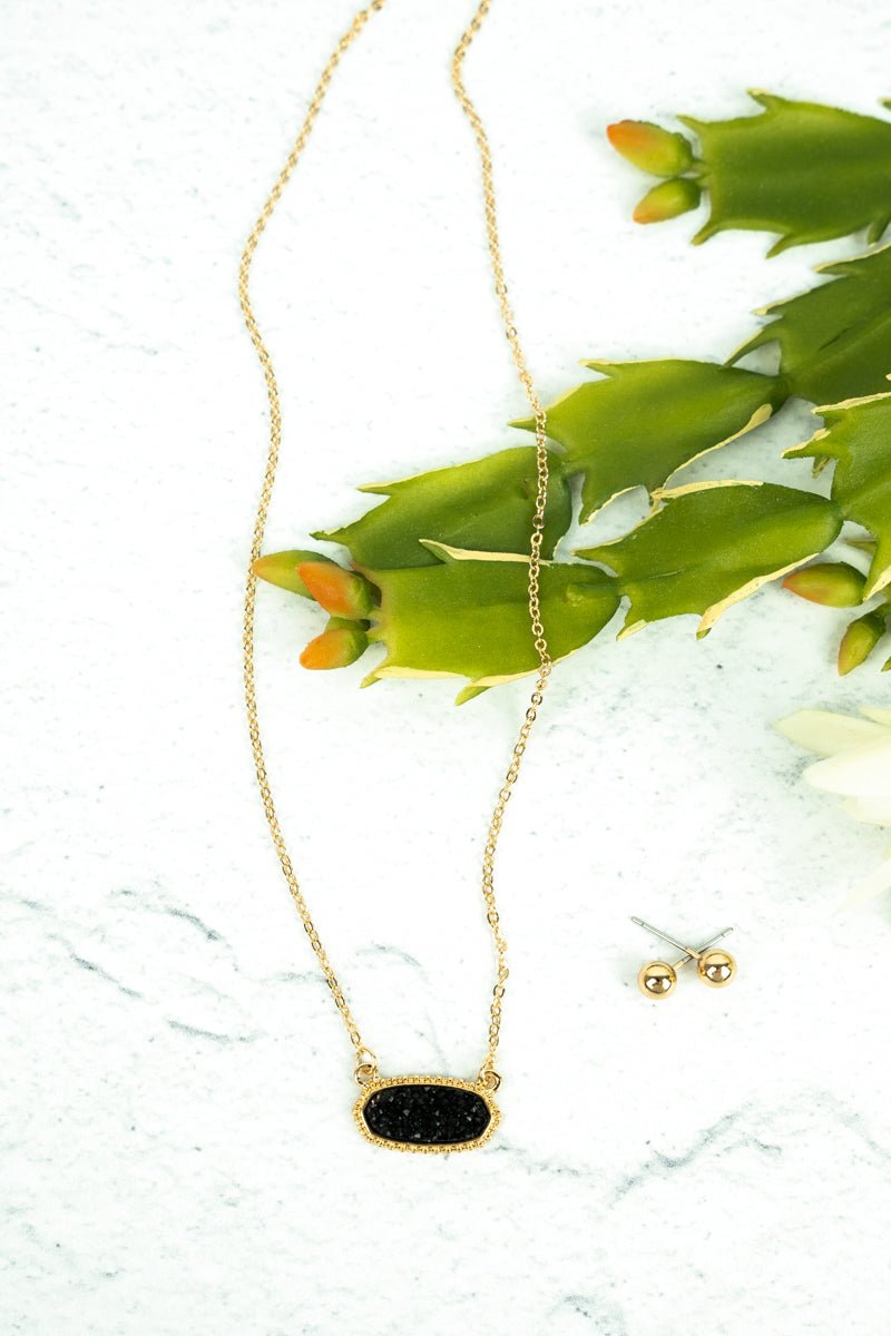 Anelise Black Druzy Goldtone Necklace and Earrings Set - Wholesale Accessory Market
