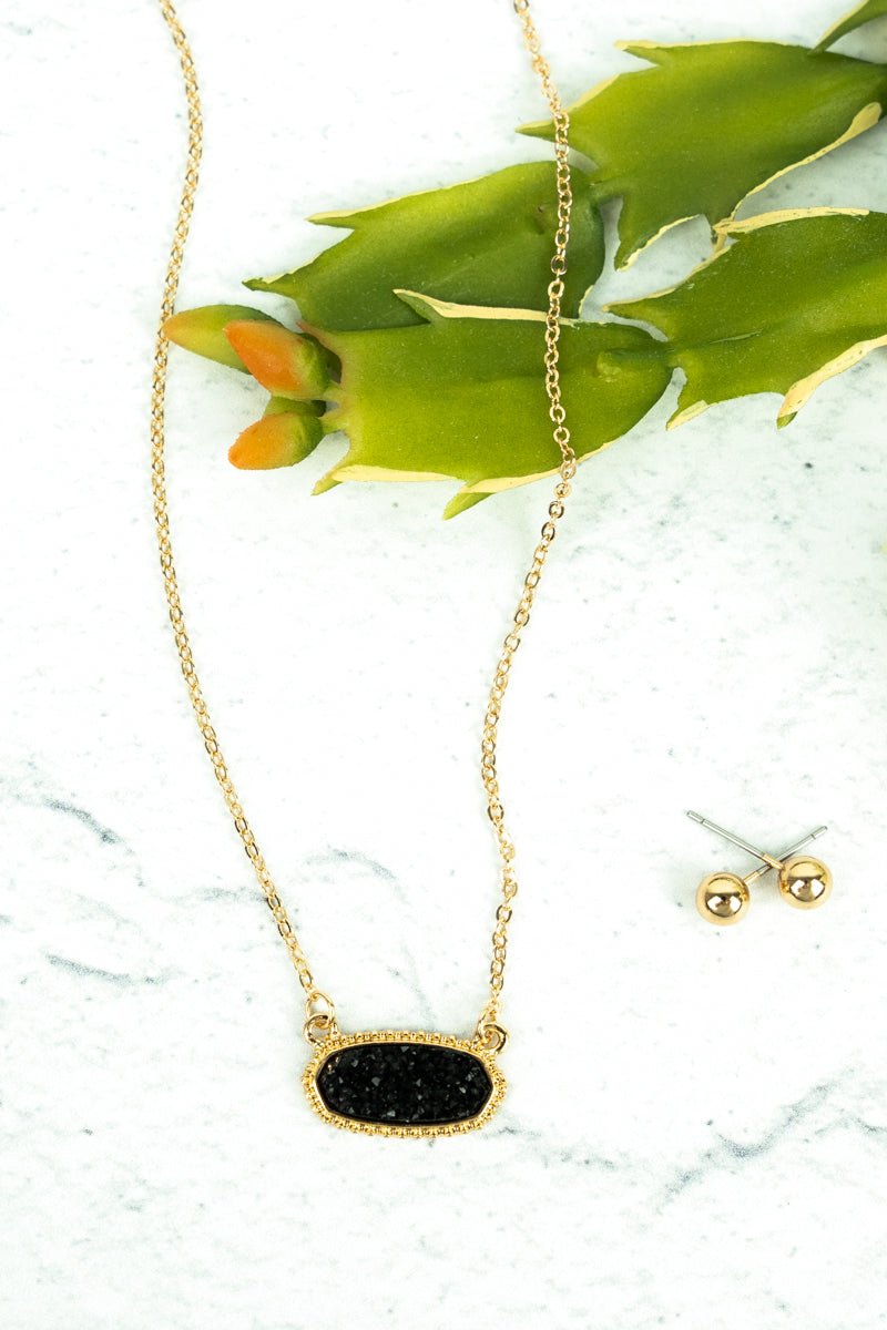 Anelise Black Druzy Goldtone Necklace and Earrings Set - Wholesale Accessory Market
