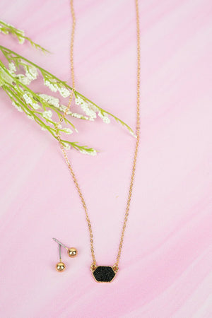 Lucie Black Druzy Pendant Necklace and Earrings Set - Wholesale Accessory Market