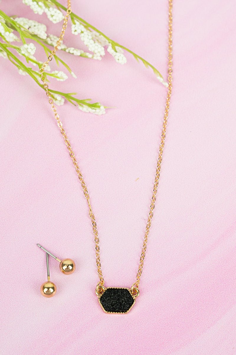 Lucie Black Druzy Pendant Necklace and Earrings Set - Wholesale Accessory Market