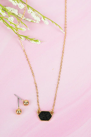 Lucie Black Druzy Pendant Necklace and Earrings Set - Wholesale Accessory Market