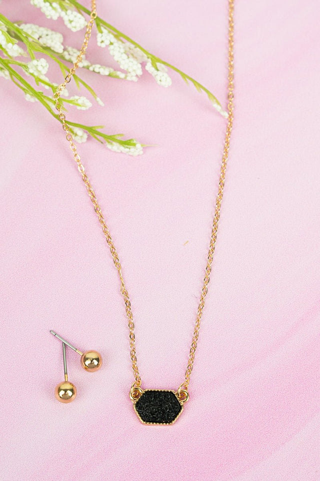 Lucie Black Druzy Pendant Necklace and Earrings Set - Wholesale Accessory Market