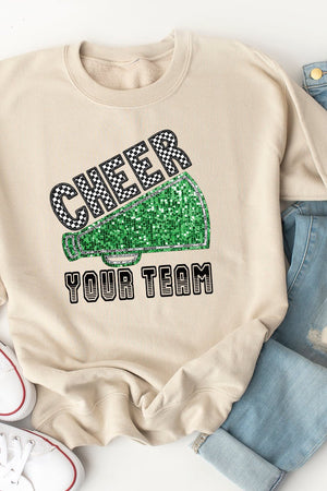 Sequin Green Cheer Your Team Heavy-weight Crew Sweatshirt - Wholesale Accessory Market