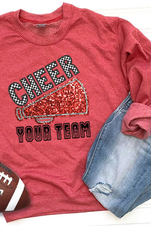 Sequin Red Cheer Your Team Heavy-weight Crew Sweatshirt - Wholesale Accessory Market