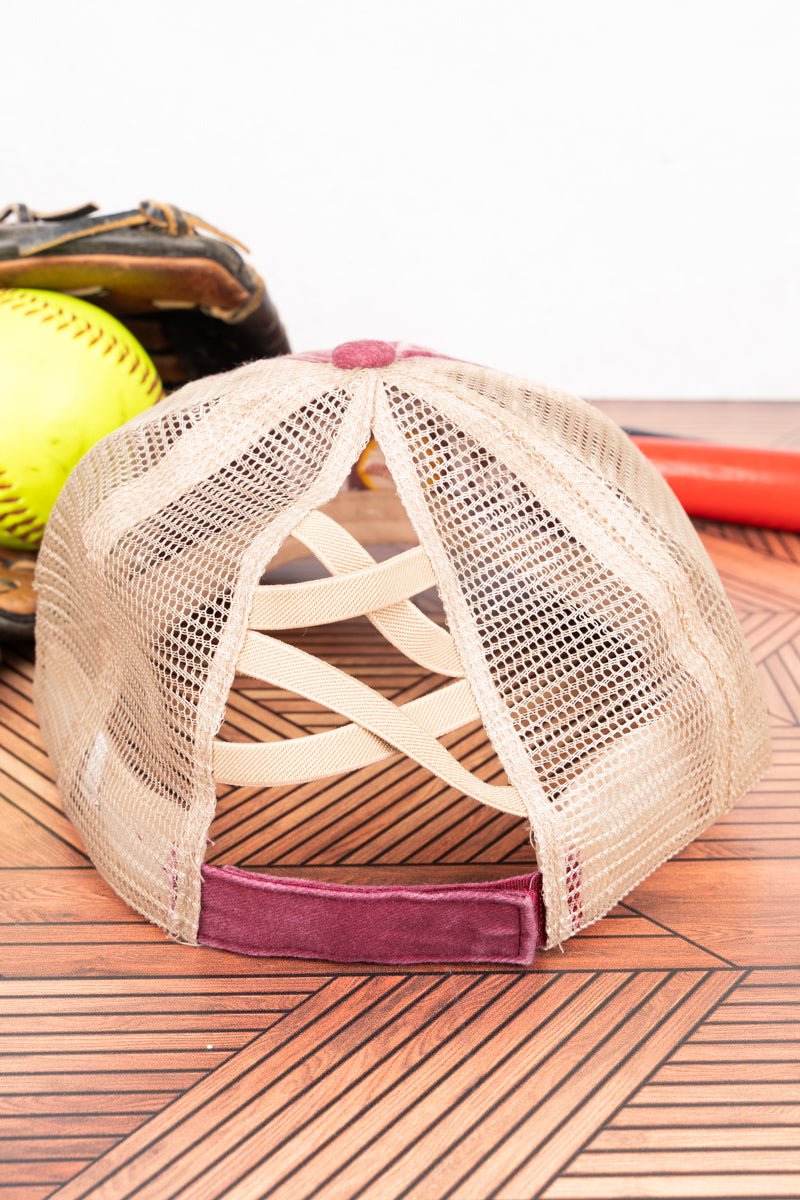 Distressed Maroon 'Softball Mom' Mesh Ponytail Cap Wholesale