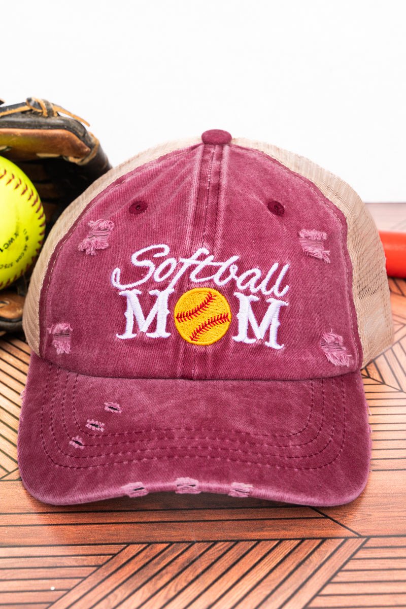 Distressed Maroon 'Softball Mom' Mesh Ponytail Cap Wholesale