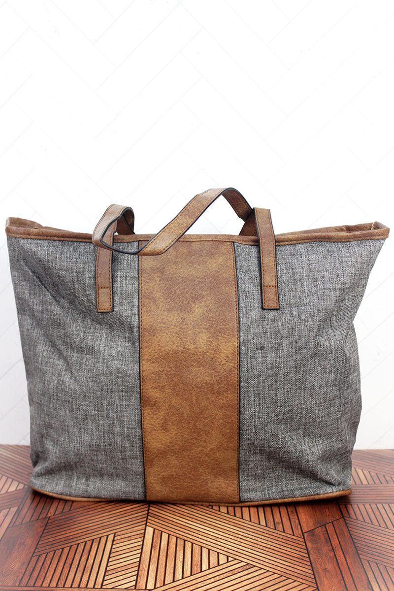 Brown Khaki Crosshatch and Brown Center Stripe Tote