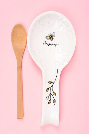 9.75 x 5 Bee Happy Ceramic Spoon Rest with Spoon Set - Wholesale Accessory Market