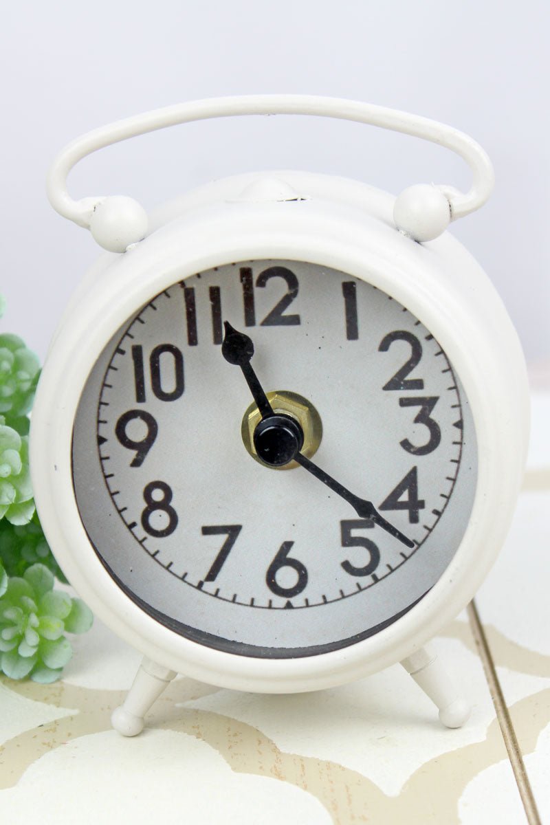 4.25 x 3.5 Antique White Iron Mini Old Fashioned Clock - Wholesale Accessory Market