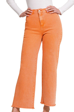 Zenana The Madison Orange Acid Washed Frayed Straight Pants - Wholesale Accessory Market