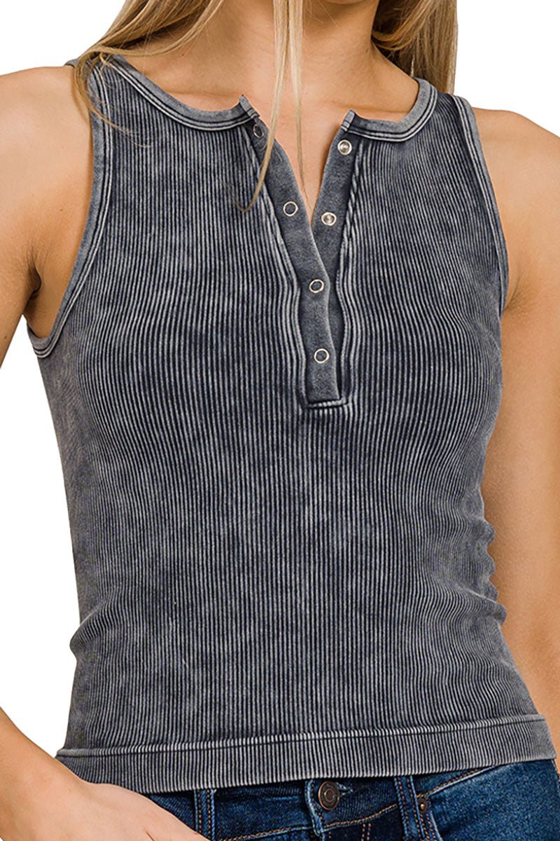 Summer Fun Ash Black Washed Button-Up Ribbed Tank | Wholesale Accessory ...