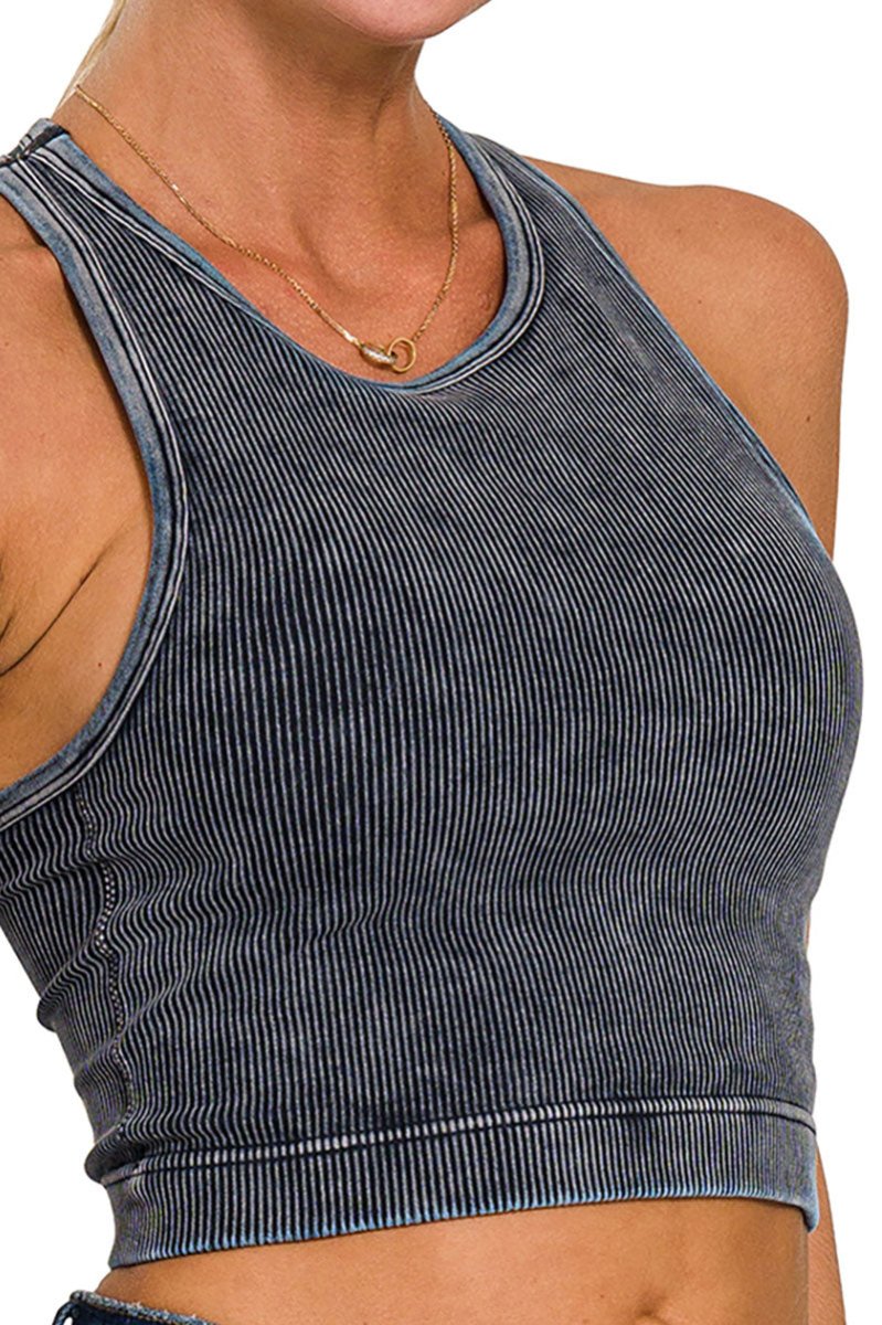 Summer Break Ash Black Washed Ribbed Padded Crop Tank