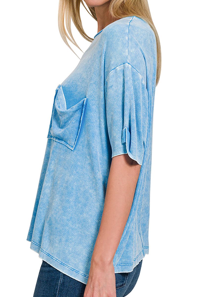 Zenana Pacific Coast Deep Sky Washed Ribbed Short Sleeve Top - Wholesale Accessory Market