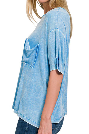 Zenana Pacific Coast Deep Sky Washed Ribbed Short Sleeve Top - Wholesale Accessory Market