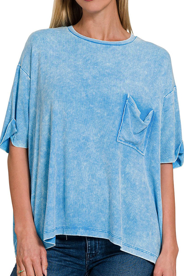 Zenana Pacific Coast Deep Sky Washed Ribbed Short Sleeve Top - Wholesale Accessory Market