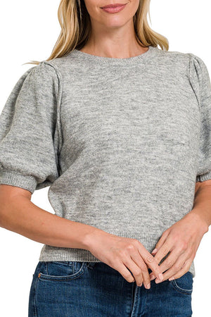 Zenana Tried And True Heather Gray Melange Puff Sleeve Sweater - Wholesale Accessory Market