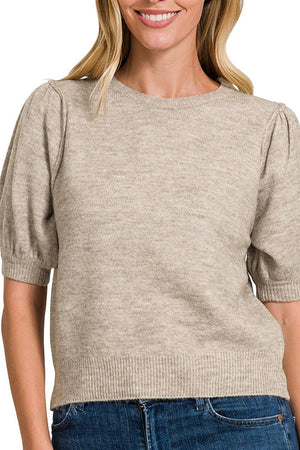 Zenana Tried And True Heather Mocha Melange Puff Sleeve Sweater - Wholesale Accessory Market